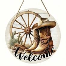 [1pc Rustic Cowboy Sign] Rustic 1pc Cowboy Welcome Sign | Round Wooden Wall Decor With Cowboy Boots, Cactus & Lasso Design, Ideal For Porch & Home, Charming Country Style Gift, Cowboy Hat