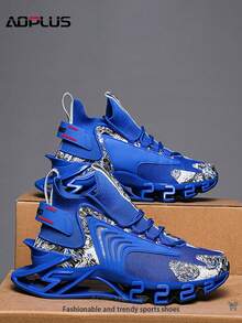 AoPlus Athletic Running Shoes, Mesh Knit Design, Royal Blue With White Pattern, Geometric Sole - Royal Blue - View 2