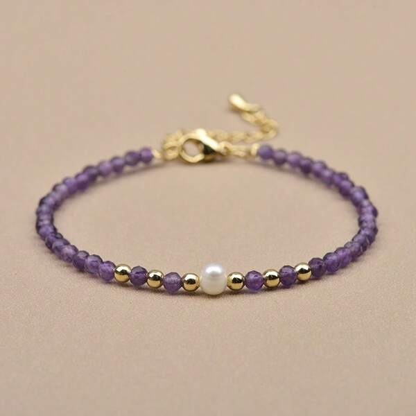 1 pieza Pulsera ajustable con cuentas facetadas de amatista natural, granate, ágata roja, aguamarina de 3mm y perla cultivada, estilo minimalista y de protección, adecuada para uso diario de mujeres
