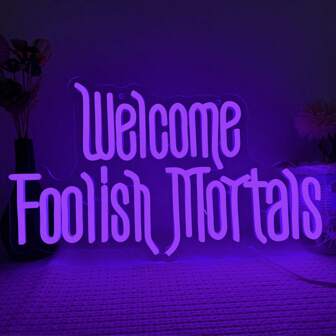 Cartel de neón "Bienvenidos insensatos mortales", decoración fantasmal gótica de la Mansión encantada con cofín LED neón regulable, señales de neón LED alimentadas por USB para decoración de pared, fiesta, casa embrujada, cueva de hombre, cumpleaños, Halloween, Navidad