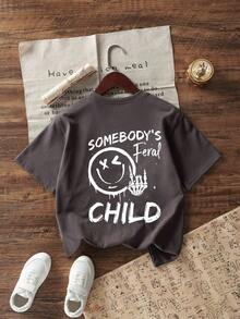 Tween Boy Casual Funny Print Crew Neck Short Sleeve T-Shirt Top, Summer - Dark Grey - View 3