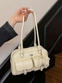 女士复古纯色 PU 皮革单肩包，带多个口袋，容量大，配有可拆卸配饰饰物 - 白色 - 查看 7