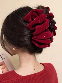 1 件勃艮第红和黑色天鹅绒蝴蝶结装饰水钻发夹，高端品质，适合派对、舞会、闪亮装饰、聚会和休闲装