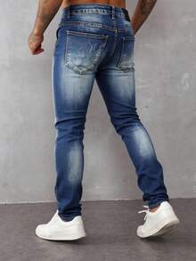 Pantalones vaqueros rectos azules con rotos y efecto desgastado, diseño moderno, tejido suave y elástico, casuales y versátiles