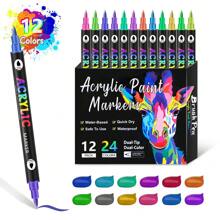 Dual Tip Dual Colors Acrylic Paint Markers, Double Head Dual Brush Double Colors Acrylic Paint Pens For Rock Painting, Canvas, Wood, Ceramic, Glass, Stone, Fabric, Crafts & Art Supplies School Supplies,Back To School