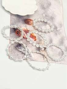 6pcs Fashion Charm Teenage Ocean Series Conch Shell Starfish Faux Pearl Beaded Bracelet, Multilayer Elastic Rope Elegant Bracelet Accessories