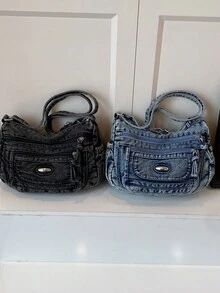 1 件新款纯色时尚牛仔背包，大容量拉链开合可调节肩带休闲小众设计男士单肩包/斜挎包，适合日常通勤、工作、上学、购物、自送礼