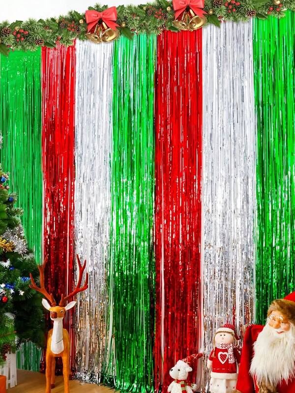2/1 pieza Cortinas con flecos de lentejuelas navideñas, decoración de fiesta, telón de fondo de lentejuelas para foto, accesorios de fotomatón, fondo para fiesta de Navidad y Año Nuevo, decoraciones con flecos para puerta
