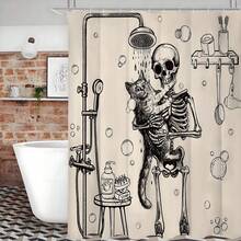 1pc - Polyester - Funny Skull Skeleton Shower Curtain Set, Vintage Halloween Gothic Weird Bone Shower Horror Waterproof Shower Curtain With 12 Hooks, Modern Home Decor