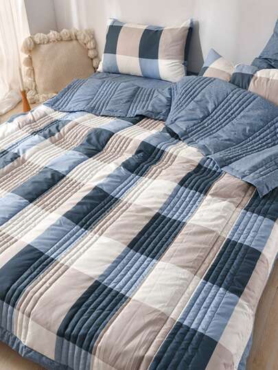 1 件奢华蓝色格子夏季被子 - 柔软涤纶混纺，可机洗，现代风格，非常适合卧室装饰，卧室必需品 | 现代被子设计 | 涤纶纤维，夏季舒适，秋季装饰，秋季装饰，房间装饰