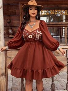 Đầm ngắn tay dài thêu họa tiết phong cách Bohemian cổ điển dành cho nữ, kiểu dáng thanh lịch mùa xuân. - màu nâu - Xem 5