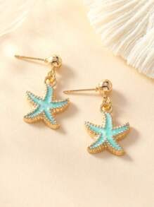 1 Pair Of Hot Selling Super Cute Mini New Design All Season Versatile Colorful Pink Bule White Red Small Starfish Stud Earrings For Women Daily Wear, Personalized Sweet Bohemian Style Oil Droplet Enamel Spherical Needle Starfish Autumn Winter Earrings Jewelry Women