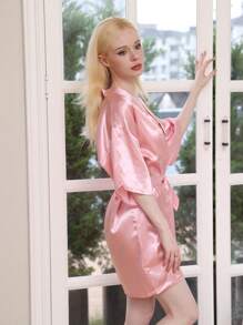 1pc Women's Solid Color Elegant Tie-Up Autumn/Winter Bathrobe, Sexy Short Satin Silk Soft Sleepwear, Suitable For Bride, Bridesmaid, Home Use Bathroom Decor Summer Back To School