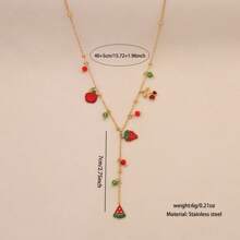 Freegrow 1pc Cherry & Strawberry Crystal Stainless Steel Y-Shaped Necklace, Suitable For Daily Wear