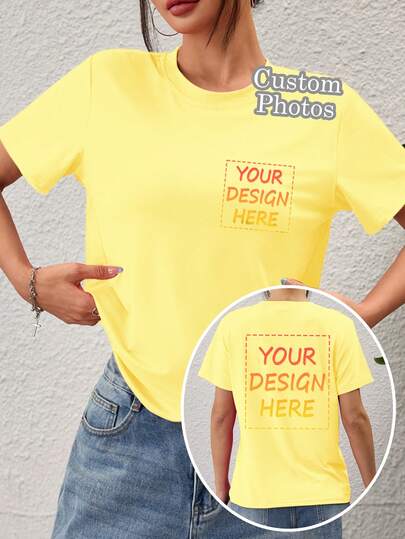 Camiseta personalizada para mujer - Agrega tu foto (paisaje/insignia/pareja/familia/selfie/mascota, etc.), impresión personalizada en el frente y la espalda, diseña tu camiseta impresa personalizada como regalo para tu novia, camiseta a juego para parejas, adecuada para aniversario, Día de San Valentín, Día de la Madre, cumpleaños, vacaciones, etc. Personaliza la camiseta de hombros rectos, blusa de mujer, camiseta estampada, camiseta de manga corta de mujer, blusa de verano