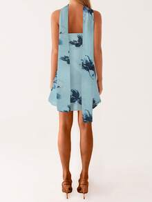 Vestido Corto para Mujer sin Tirantes y Espalda Descubierta, Vestido Tubo de Verano Ajustado Estampado Floral o Color Liso con Pañuelo - Celeste - Ver 7