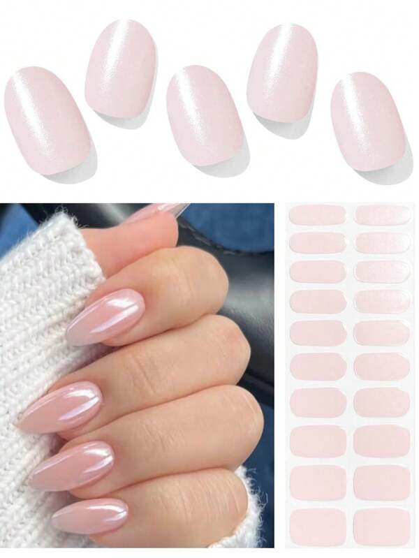 Vorgehärtete Gel-Nagel-Aufkleber | 20 rosa Perlglitzer Gel-Nagel-Aufkleber UV | Das halb ausgehärtete Gel-Nagel-Kunst-Set eignet sich für das Nagel-DIY zu Hause