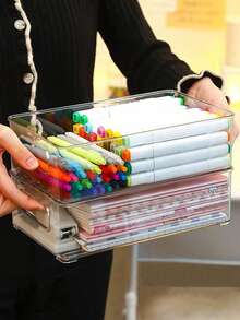 1pc Transparent Stackable Stationery Storage Box, Large Capacity Desktop Storage Box, Multifunctional Storage Box, Suitable For Storing Cosmetics, Stationery Supplies, Sticky Notes Files, Other Miscellaneous Display Racks. Suitable For Home, Campus, Office,For Back To School