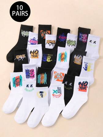 10 Pairs Random Black, White & Colorful Graffiti Print Casual Sports Mid-Calf Socks For Teenagers & Boys, Great For Thanksgiving & Christmas Gifts