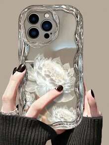 1pc Simple White Lotus Painting Electroplated Water Drop Wave TPU Shockproof Phone Case, Compatible With Apple Xs/Xs Max/Xr/11/12/13/14/14Plus/15/15Plus/16/16Plus/7/8Plus Waterproof Anti-Fall Scratch Resistant