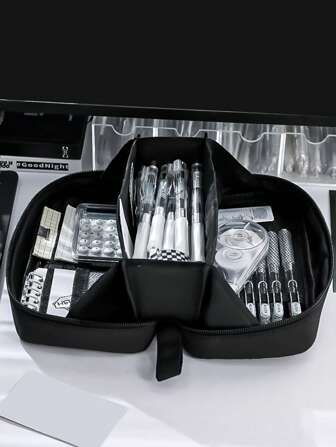 1pc Large Opening Volcano Student Pencil Case, Can Be 180-Degree Flat Large Capacity Pencil Case, Fabric Front Window Transparent Large Capacity Multi-Layer Stationery Pencil Box, Zipper Multi-Layer Classified Storage Stationery Bag, Can Be Used For Desktop Storage Of Pencils, Erasers, Pencil Pouch, School Bag School Supplies, Back To School