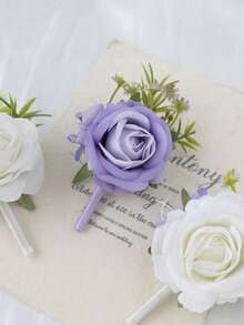 1 peça de flor artificial para lapela de casamento, para noivo e padrinhos, com toque realista, rosa artificial, estilo boho, elegante corsage masculino para terno, baile de formatura e eventos formais (marfim, lavanda), acessórios para o Dia dos Namorados.