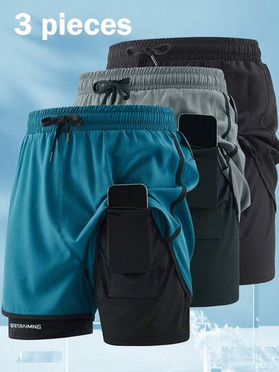 3pcs/Set Men's New Shorts With Inner Pockets, 5-Inch & 3-Inch Workout Athletic Shorts 2 Pieces Sets, Anti-Chafe