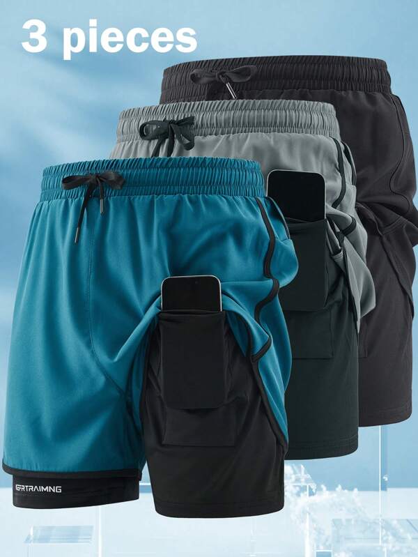 3pcs/Set Men's New Shorts With Inner Pockets, 5-Inch & 3-Inch Workout Athletic Shorts 2 Pieces Sets, Anti-Chafe