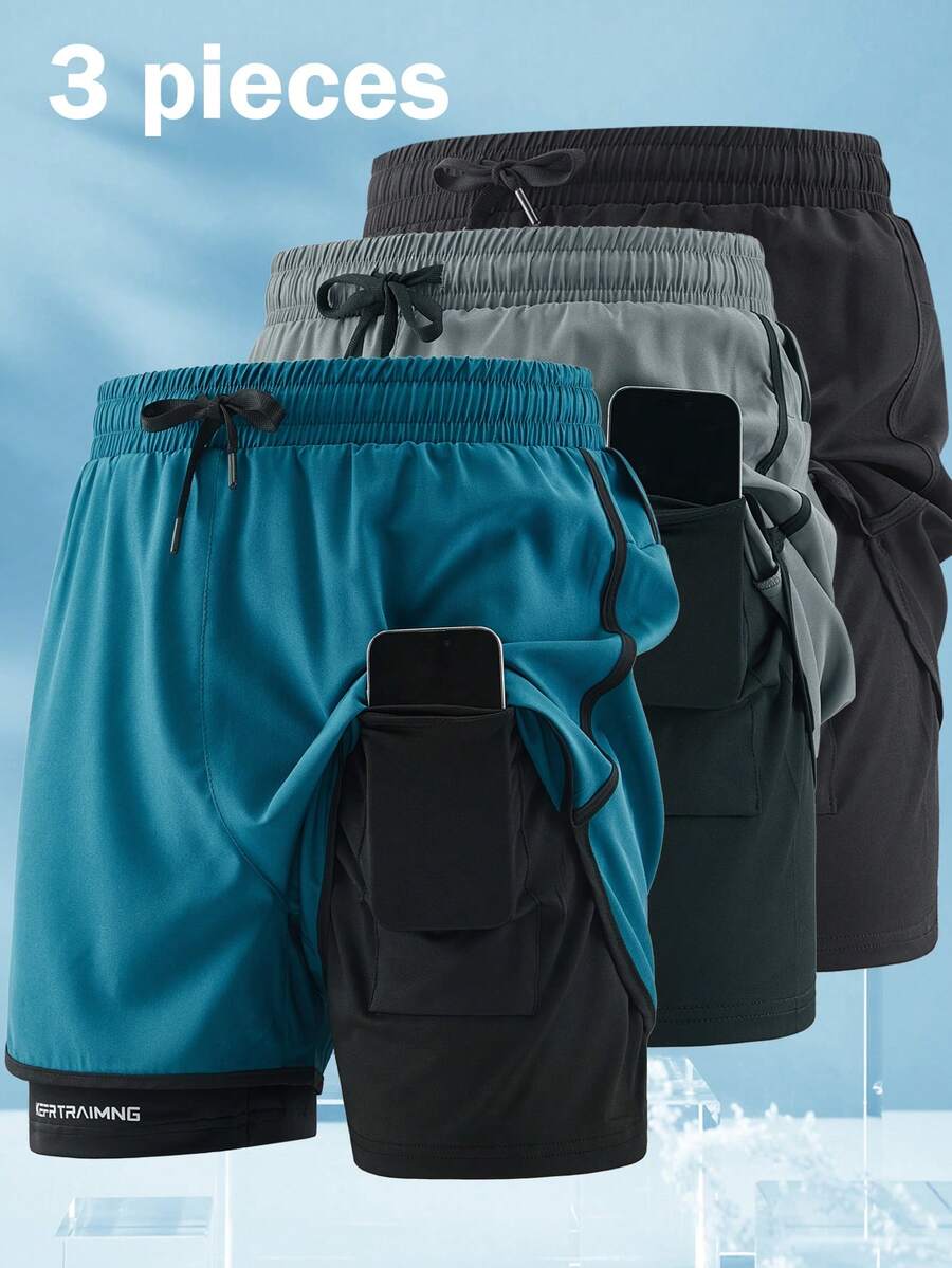 3pcs/Set Men's New Shorts With Inner Pockets, 5-Inch & 3-Inch Workout Athletic Shorts 2 Pieces Sets, Anti-Chafe