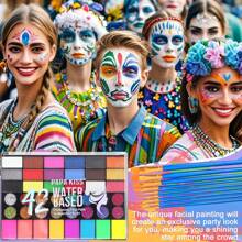 Kit de pintura facial - Set de maquillaje facial para fiestas de cumpleaños, Halloween y Navidad - 42 colores vibrantes, activado por agua, amigable para piel sensible - Pinceles para adultos y niños