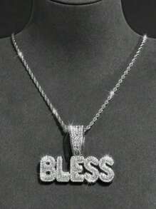 1pc Punk Rock Cuban Link Necklace For Men & Women - Shiny BLESS Pendant With Rhinestone Accents, Golden-Tone Chain, Unisex Hip Hop Jewelry Gift For Birthday, Mother's Day, Father's Day
