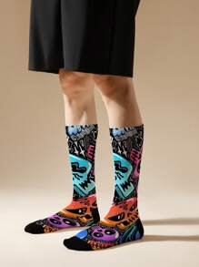 1/2/4/5 pares de calcetines negros tipo tripulación con estampado de flores para hombres, calcetines medianos, calcetines de grafiti callejero, hip hop, rock, calcetines decorativos, unisex, para usar en deportes al aire libre