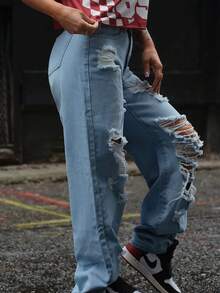 SAYEHFBABY Pantalones vaqueros lavados desgastados de pierna ancha de moda - Lavado ligero - Ver 4