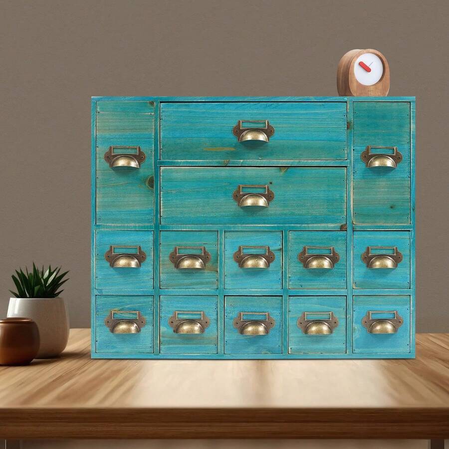 Old Style Medicine Cabinet, Dressing Table Storage Box, Wooden 14 Drawer Storage Box - Màu xanh lam - Xem 1