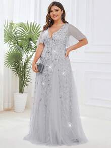 Plus Size Elegant Sequin Ruffle Sleeve Formal Silver Dress, Summer Party Dress - Silver - View 4