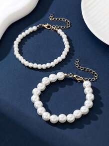 Conjunto de 2 tornozeleiras com contas de pérolas, tornozeleira moderna e minimalista com contas de pérolas falsas, tornozeleira pequena e grande com pérolas para uso na praia, para meninas e mulheres