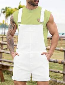 Overalls Men Jean Shorts Jumpsuit Work Bibs Coveralls With Zipper, Men's - 白色 - 查看 4
