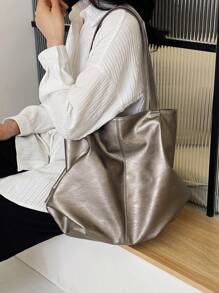 Large Capacity Tote Bag, Retro Style Faux Leather Handbag With Front Pocket For Work & Travel - Gold - View 9