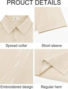 Mens Linen Shirt Guayabera Cuban Short Sleeve Button Down Cotton Summer Beach Hippie Shirtshalloween - 米色 - 查看 5