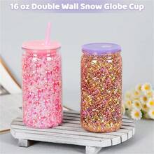 Paquete de 8 tumblers tipo globo de nieve de pared doble de 16 onzas, tazas de frascos de albañil con glitter DIY con tapa, pajita y tapón de silicona - Lavar a mano, libres de BPA y PVC, botellas de agua de plástico ligero para Halloween y Acción de Gracias - Multicolor - Ver 3