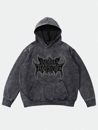 Men's Autumn Gothic Style Distressed Black Hoodie With Pocket, Graphic Print Long Sleeve Casual Streetwear