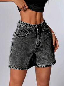 女式高腰百搭牛仔短裤，复古水洗，宽松版型，及膝长度，休闲复古风格夏季时尚 - 黑色 - 查看 3