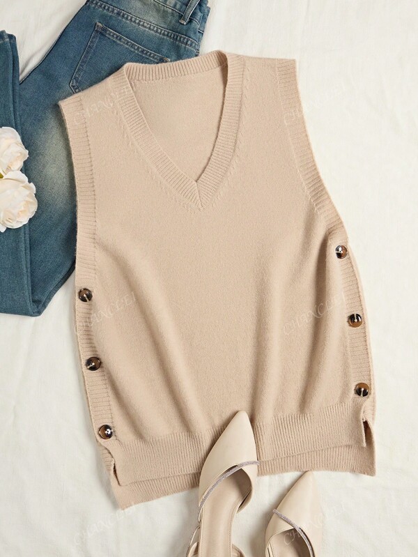 Women's Solid Color Side Button V-Neck Knitted Vest