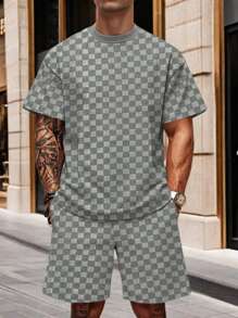 Men's Sports Suit Summer New Korean High Street Jacquard Plaid T-Shirt Shorts Two-Piece Set Male Casual Retro Loose O-Neck Top  Plaid    Spring/Fall  Summer    Regular Fit    Drawstring  Pocket