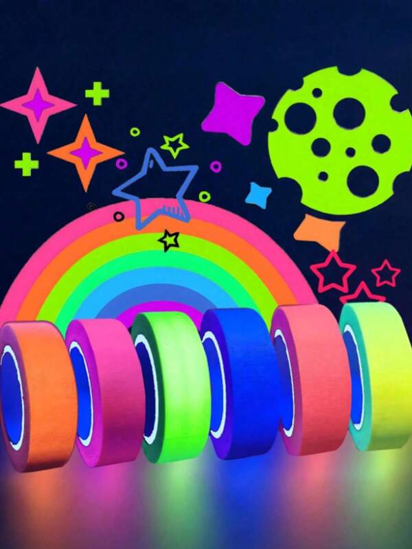 Nastro adesivo colorato, nastro fluorescente reattivo alla luce nera UV, 6 colori di nastro adesivo fluorescente, nastro colorato per artigianato - nastro colorato brillante per pittori - rotoli di nastro adesivo colorato per fai-da-te, arti e mestieri, etichettatura e codifica a colori, nastro fluorescente che brilla al buio sotto la luce UV per feste UV, per decorazione della stanza, decorazione per la casa, camera da letto, matrimonio, Natale, regali per le vacanze, Ognissanti, festival, decorazione per la casa