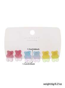 6 Pairs Fashion Resin Pentagonal Star, Heart, Teddy Bear Element Stud Earrings Set, Suitable For Women's Daily Wear, Music Concerts, Gatherings, Party Outfits, Gifts