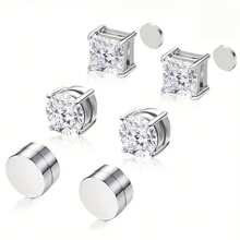 Conjunto de 3 pares de brincos magnéticos unissex, brincos de aço inoxidável com zircônia cúbica, brincos de argola prateados anti-perfurados e hipoalergênicos e brincos de pressão pretos