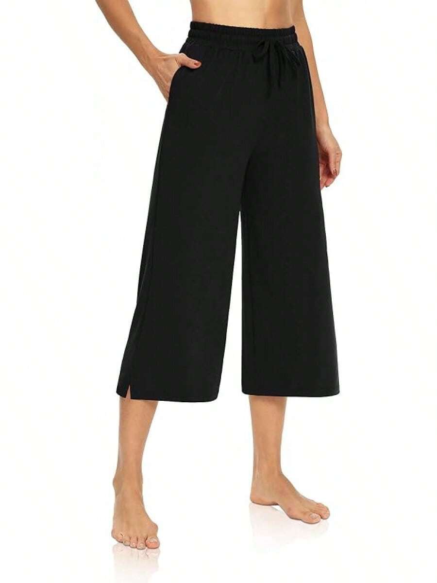Womens Capri Pants Loose Yoga Pants Wide Leg Drawstring Comfy Lounge Pajama Capris Sweatpants With Pockets Back To School Halloween Christmas New Year
