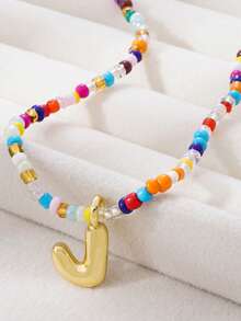 1pc Multicolor Glass Beads Letter Pendant Necklace, Bronze Tone - Multicolor - View 13