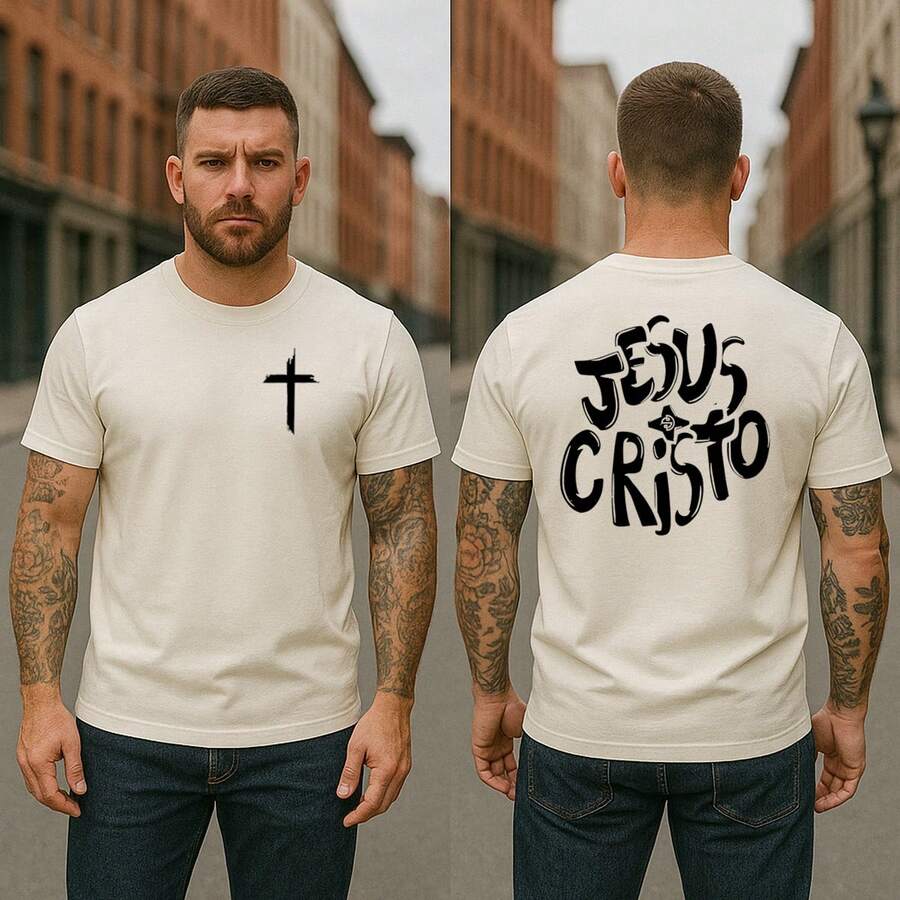 Men's Slim Cross Jesus Christ Round T-Shirt Shirt - Off - View 1